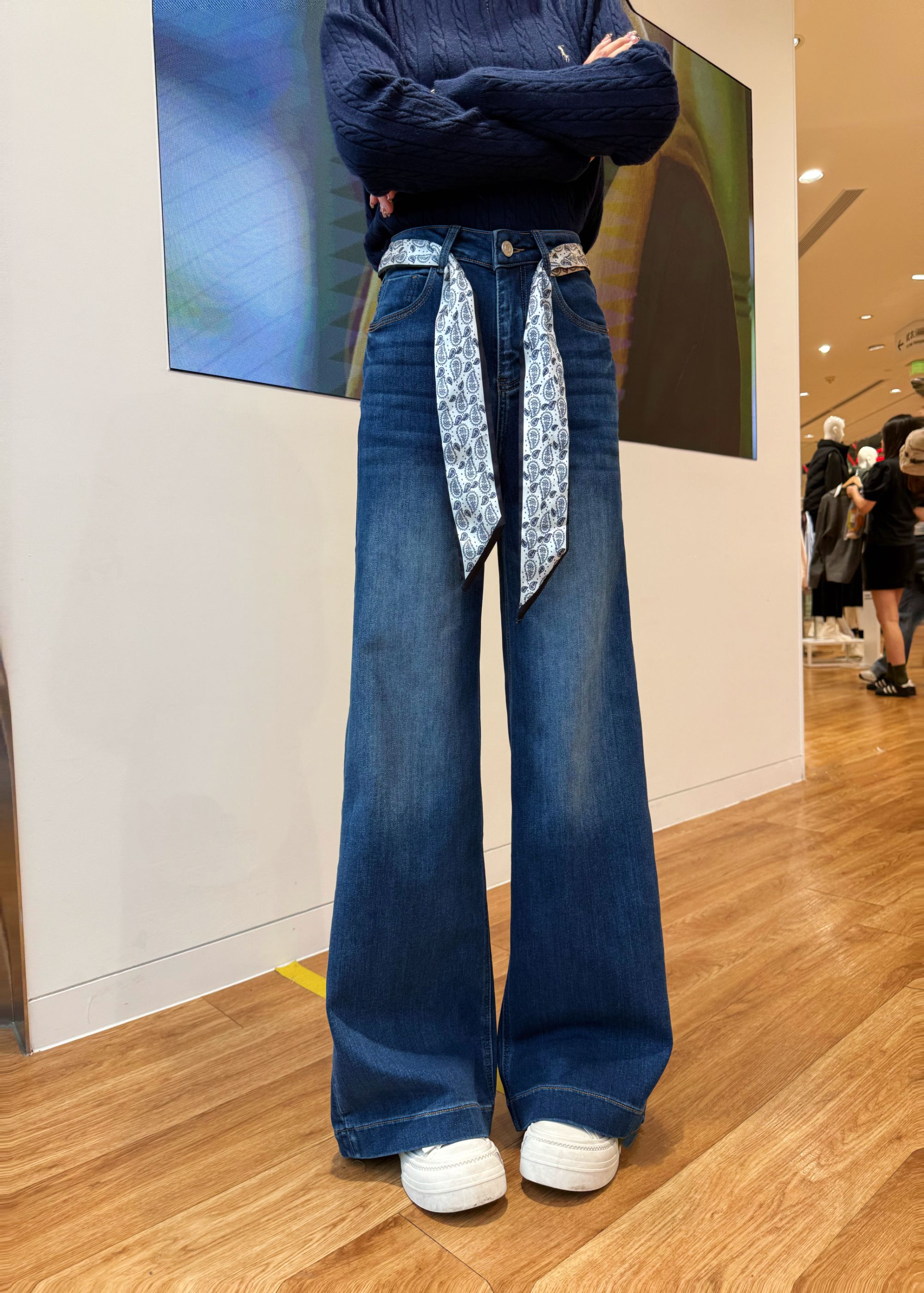 高端定制·柏林蓝·加绒四面弹穿搭高腰A字阔腿裤秋季牛仔裤女