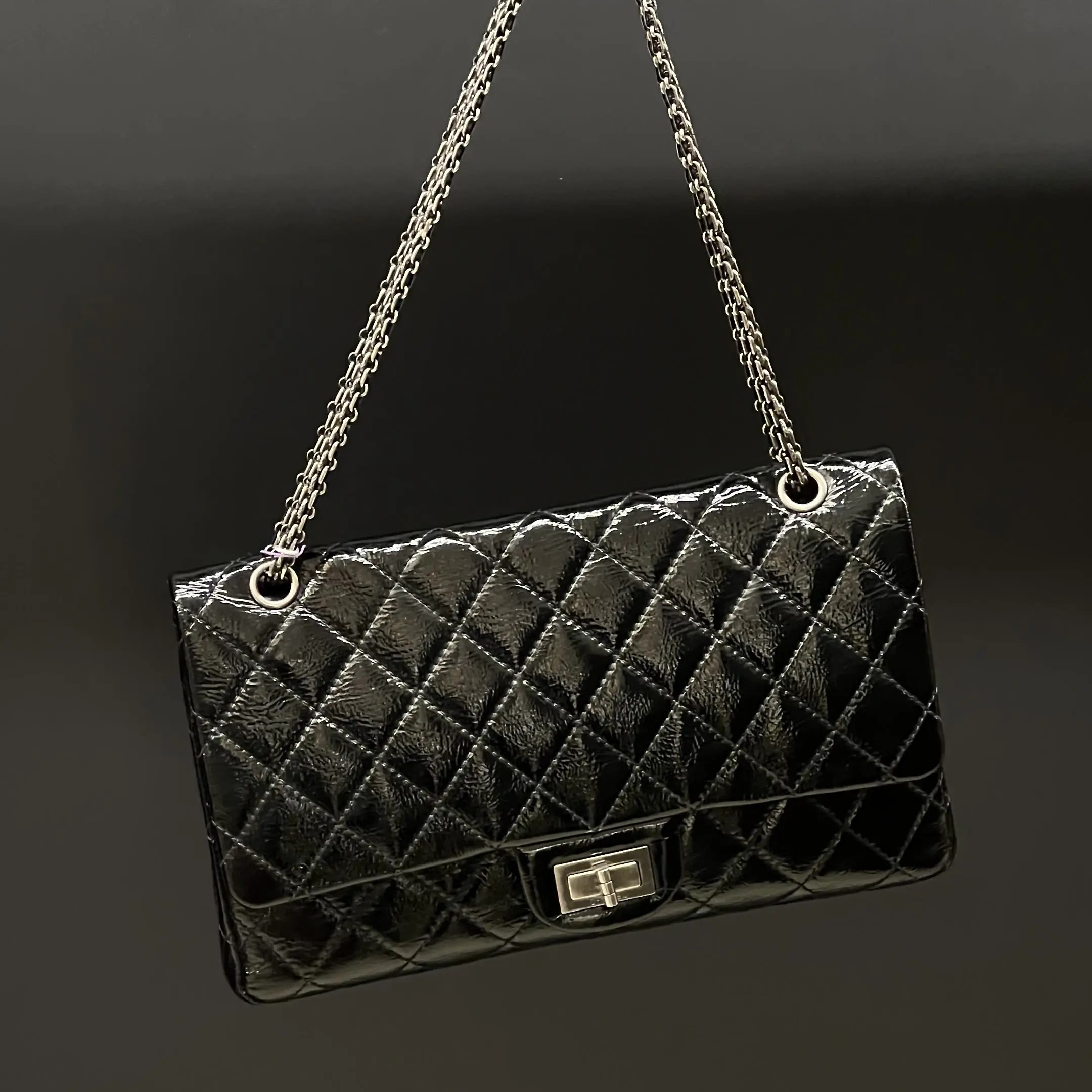 95新 Chanel/香奈儿 8809 黑银油蜡皮2.55maxi单肩链条包10-11