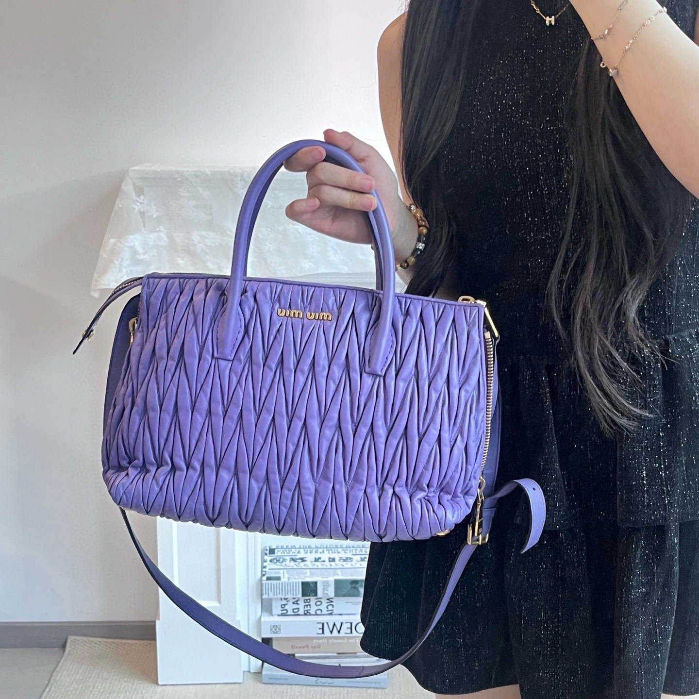 95新 MIU MIU/缪缪 miumiu香芋紫褶皱手提包