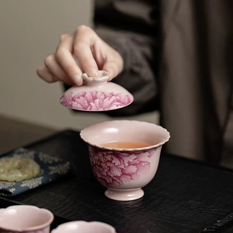 「云栖茶具」粉汝牡丹花二才盖碗家用功夫茶具盖碗+2杯ZH2701