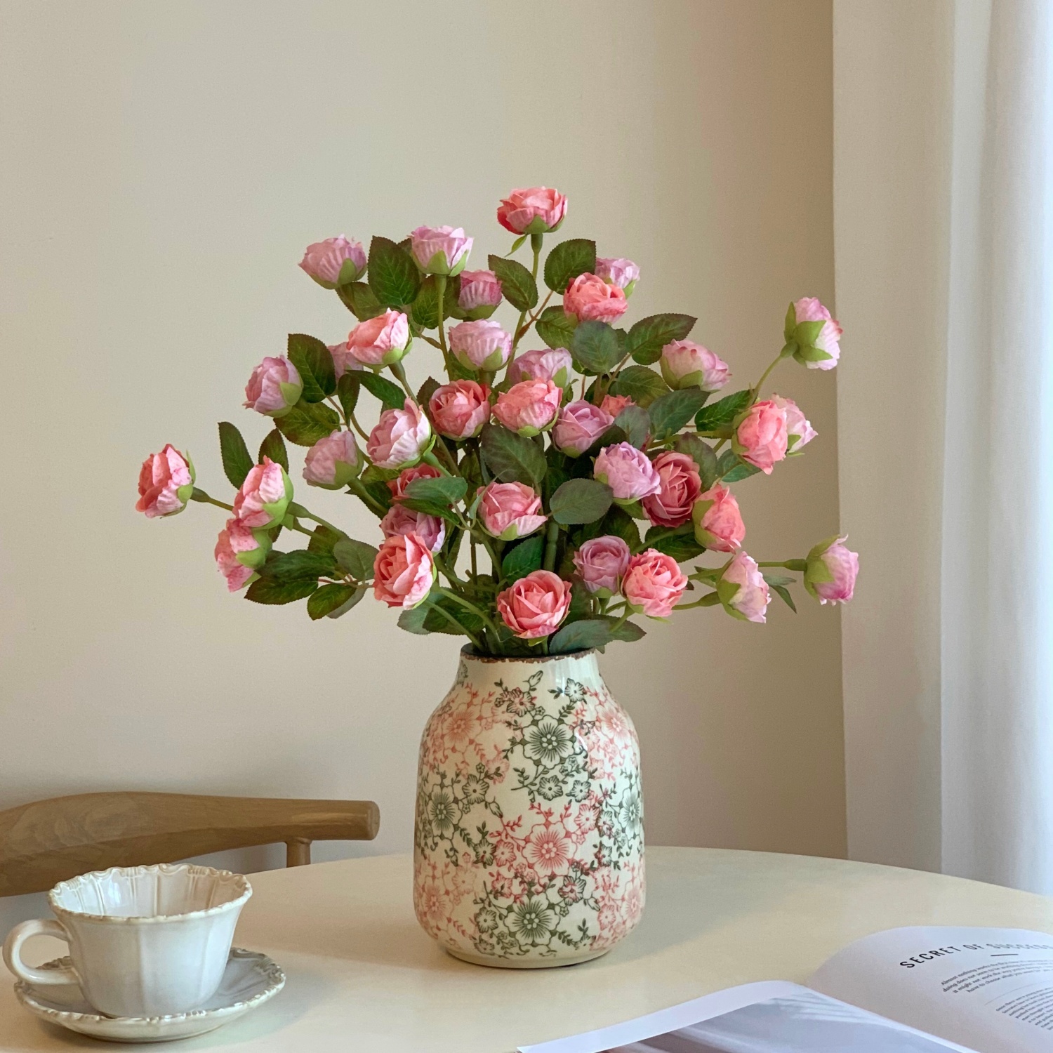 6头玫瑰仿真花复古新中式田园风客厅插花餐桌花束摆件花苞装饰品