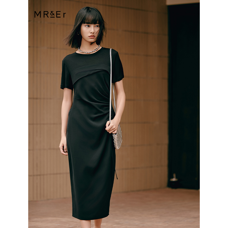 设计感拼接开叉抽褶显瘦高级感连衣裙R4B90363