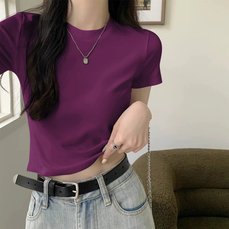 正肩纯棉韩版短袖t恤女修身小众新款短款上衣辣妹风显瘦打底衫