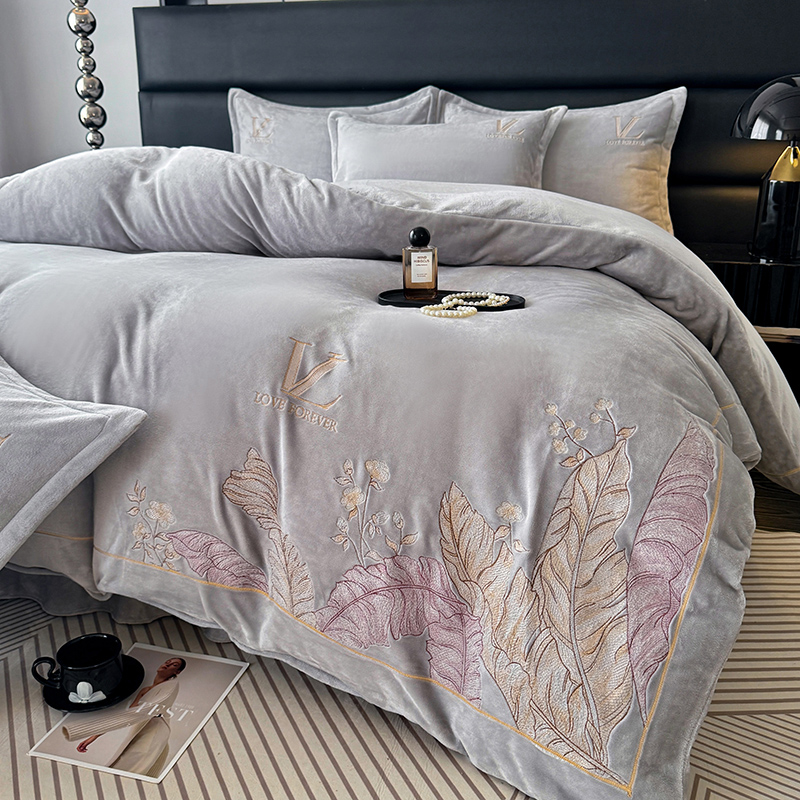 【家大业大】灰绣花加厚蚕宝宝绒四件套刺绣牛奶绒被套大床单枕套