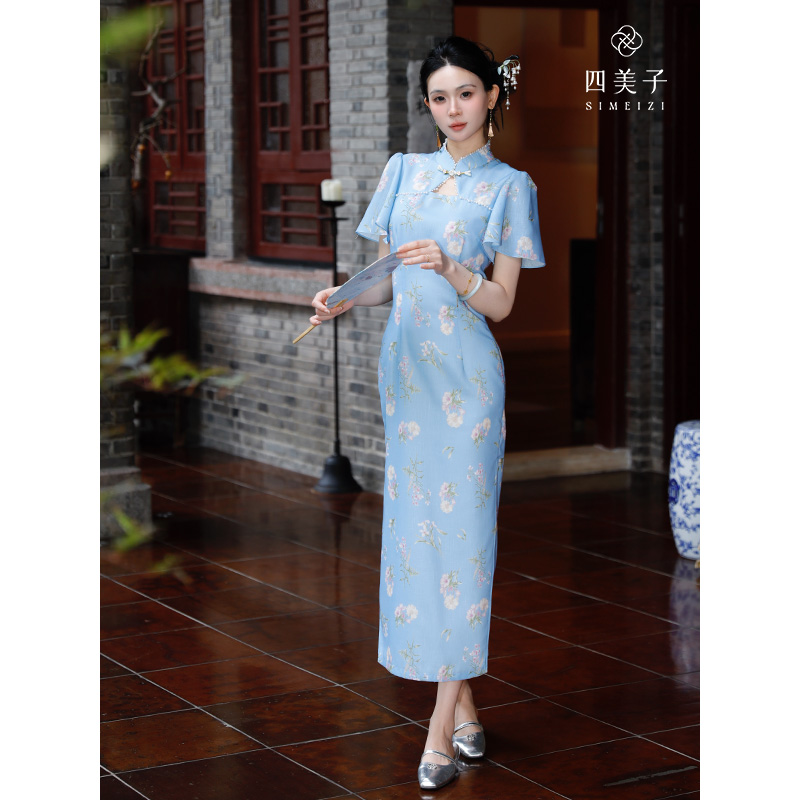 四美子【一梦江南】新款新中式清雅麻底印花喇叭袖直身旗袍裙连衣裙