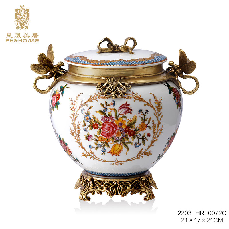 FH&HOME/凤凰美居欧式奢华别墅手工彩绘白瓷提篮果篮饰品