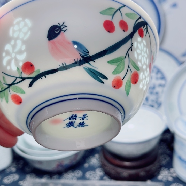青花玲珑5寸饭碗手绘花鸟