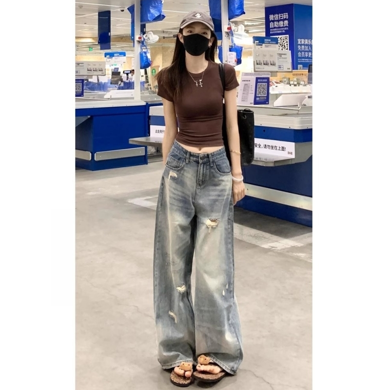 高个子加长版美式破洞阔腿牛仔裤女2025夏季新款高腰直筒拖地裤子