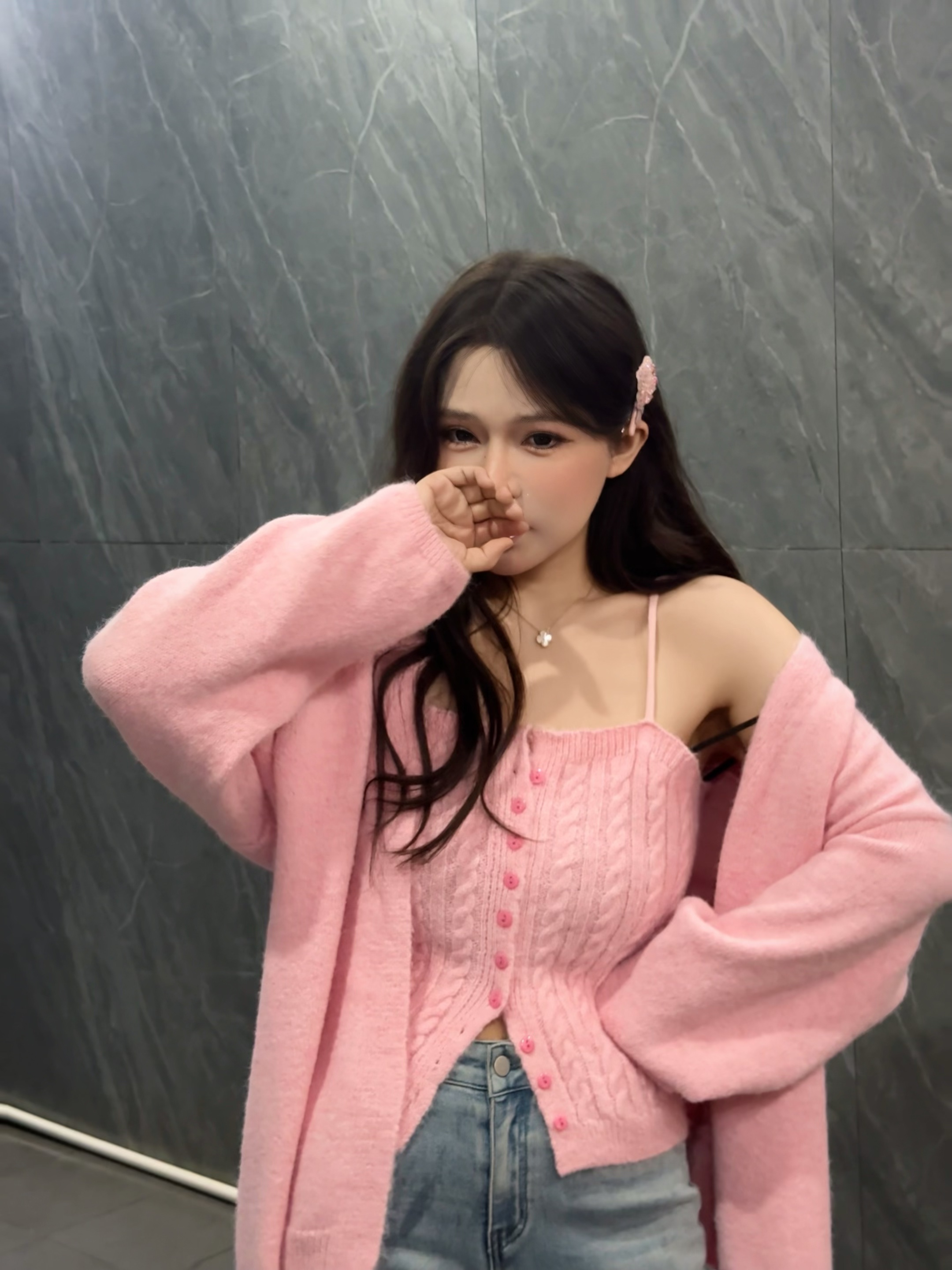LHTE 青青大码女装 秋甜美慵懒风针织开衫性感吊带套装T6203粉色