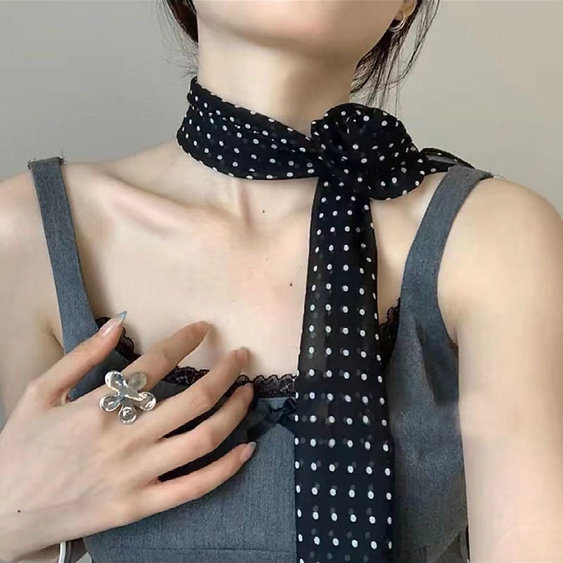 设计感丝巾女长条波点玫瑰花围脖飘带百搭