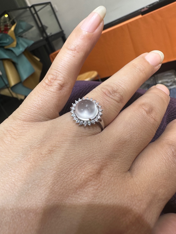 俄国玻璃种 10m蛋面镶嵌925银 豪镶戒指 天然玉石