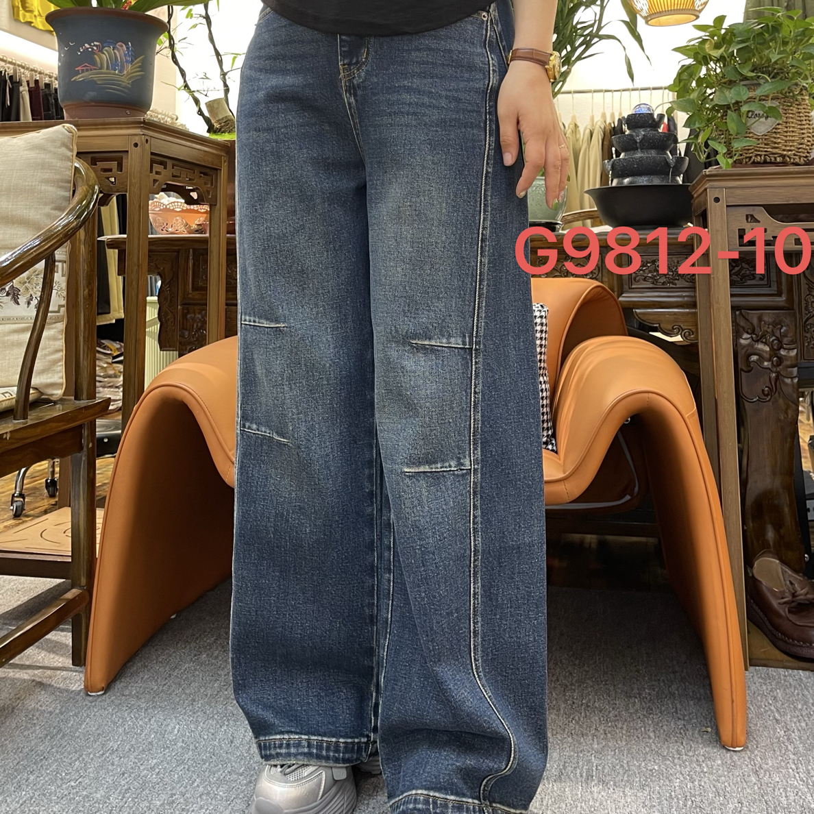 G9812-10狼牙裤弯刀型显瘦百搭美式复古重磅水系做旧牛仔裤
