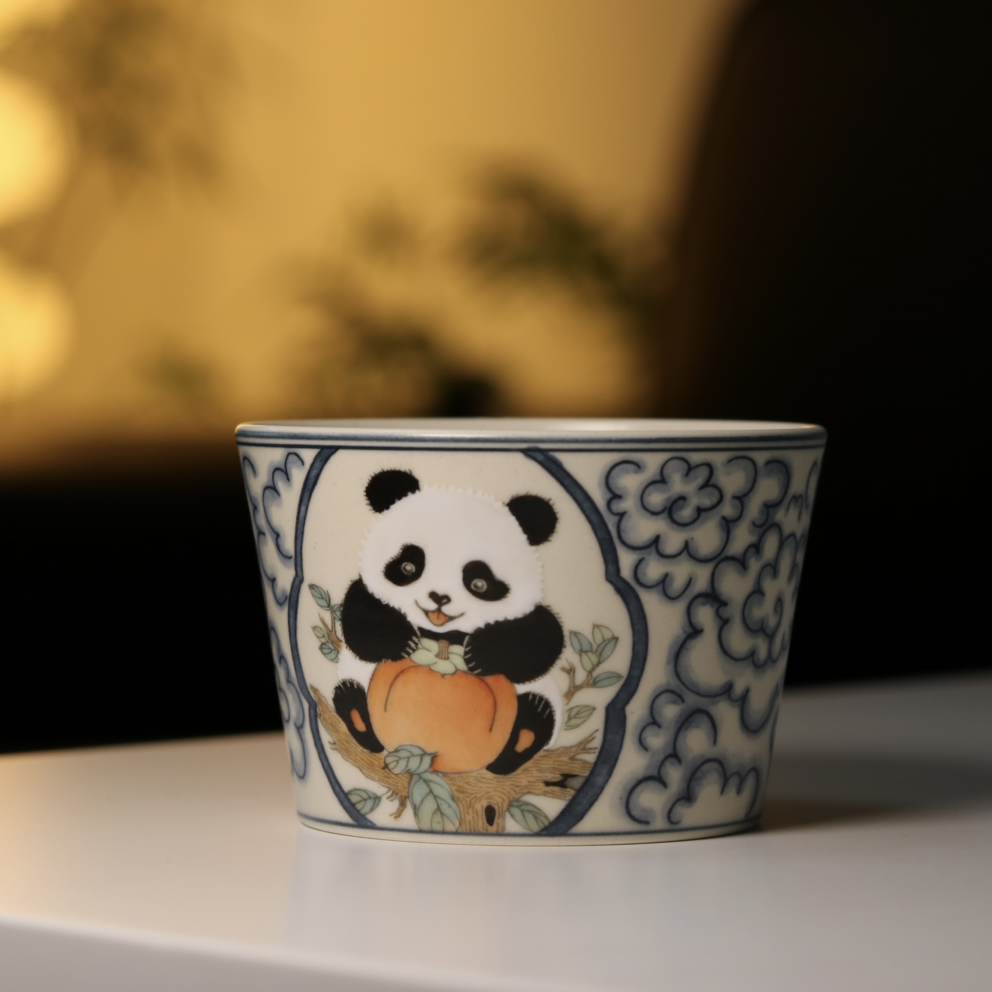 茗器山房 景德镇手绘斗彩老陶泥熊猫祥云主人杯茶杯 100cc