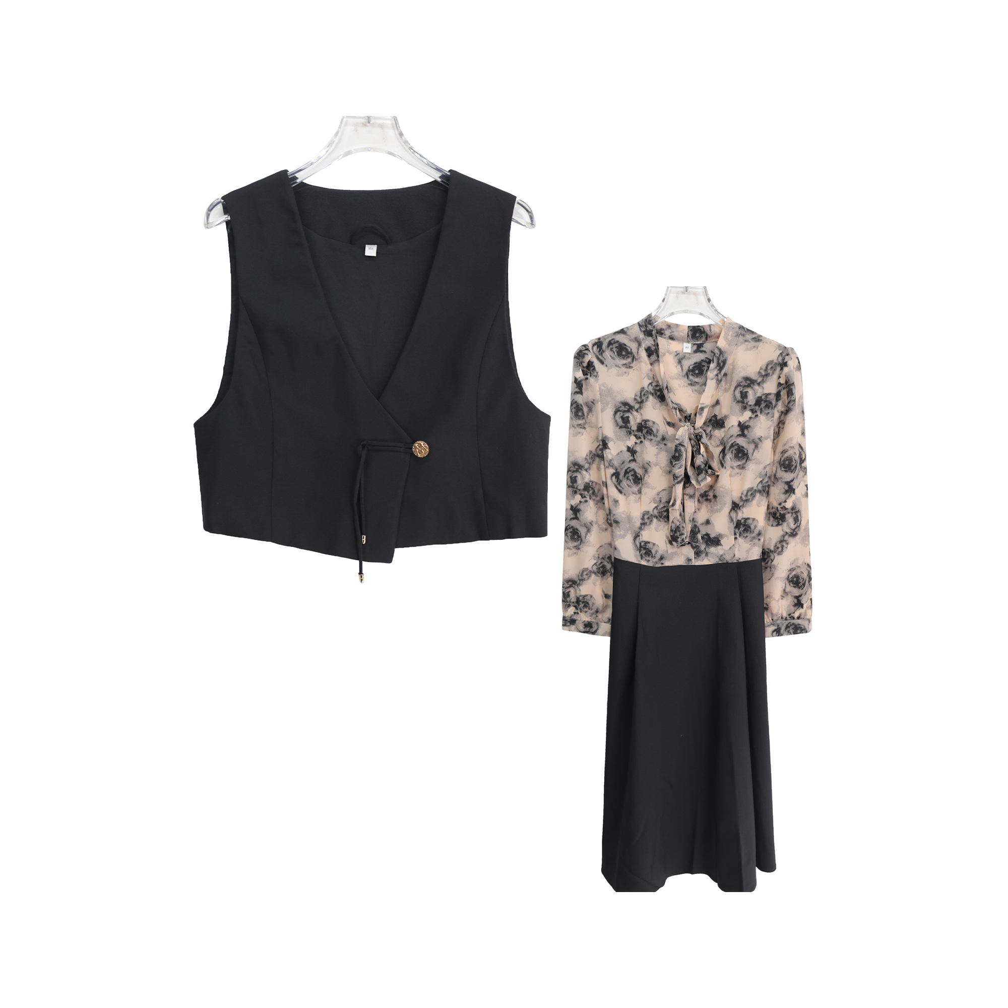 法式马甲碎花拼接连衣裙气质轻奢两件套S3754