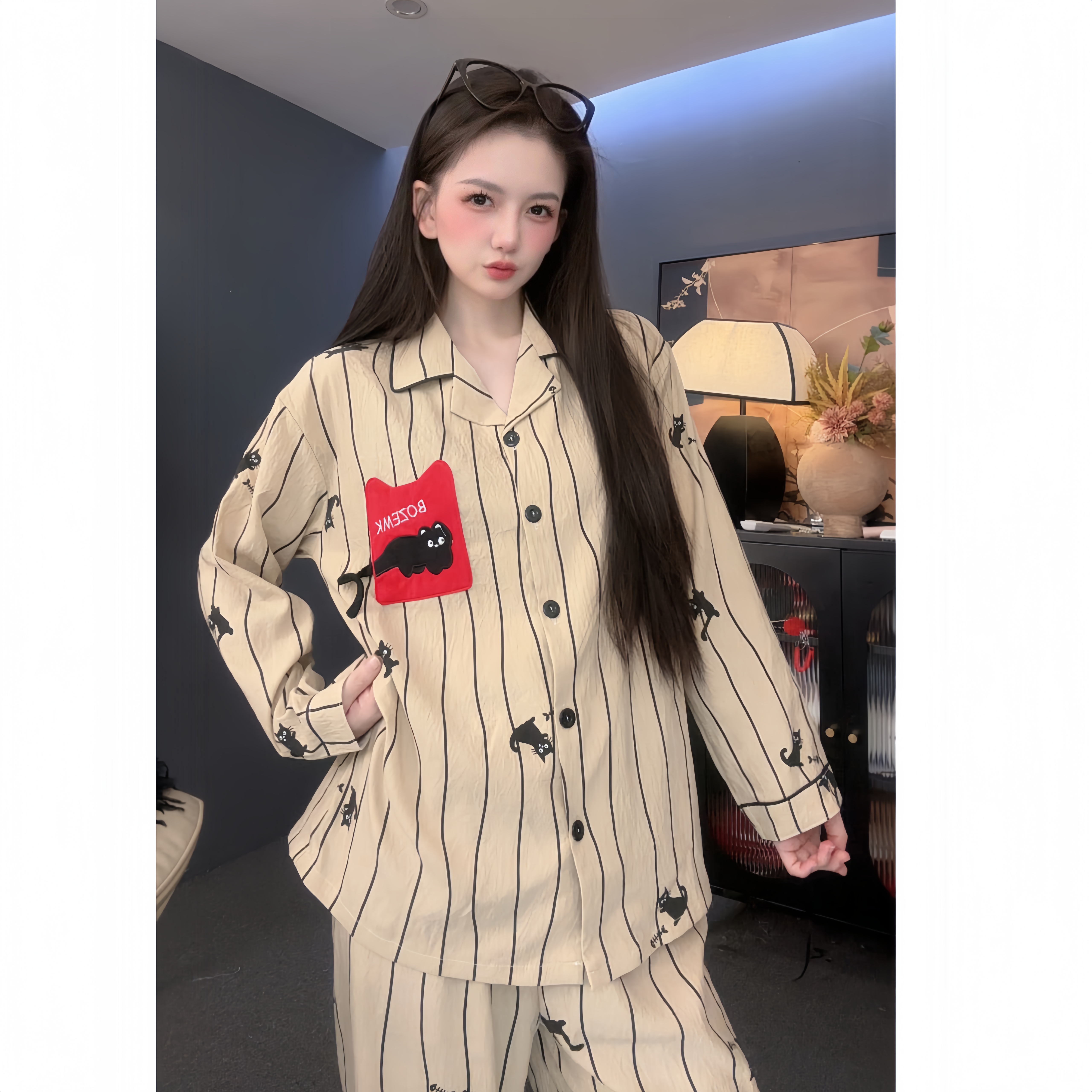 【咖条小猫】潮酷风翻领长袖长裤睡衣女春秋薄款可外穿家居服