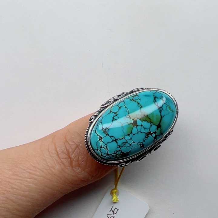 绿松石戒指银S925镶嵌木***八