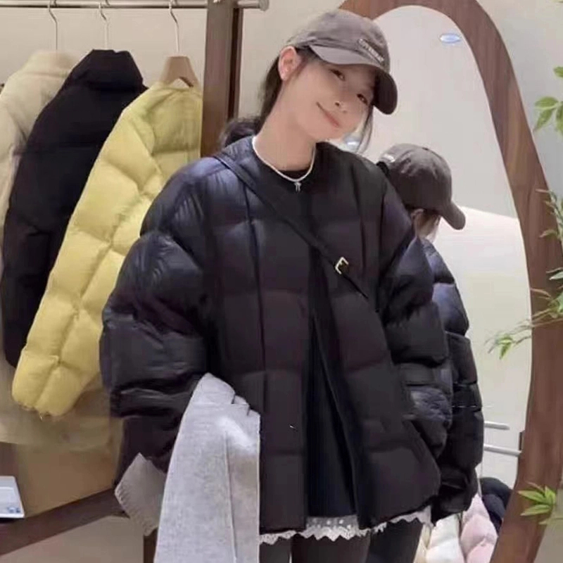 韩系方格圆领棉服女2024冬新款宽松保暖百搭面包服外套上衣To3九5