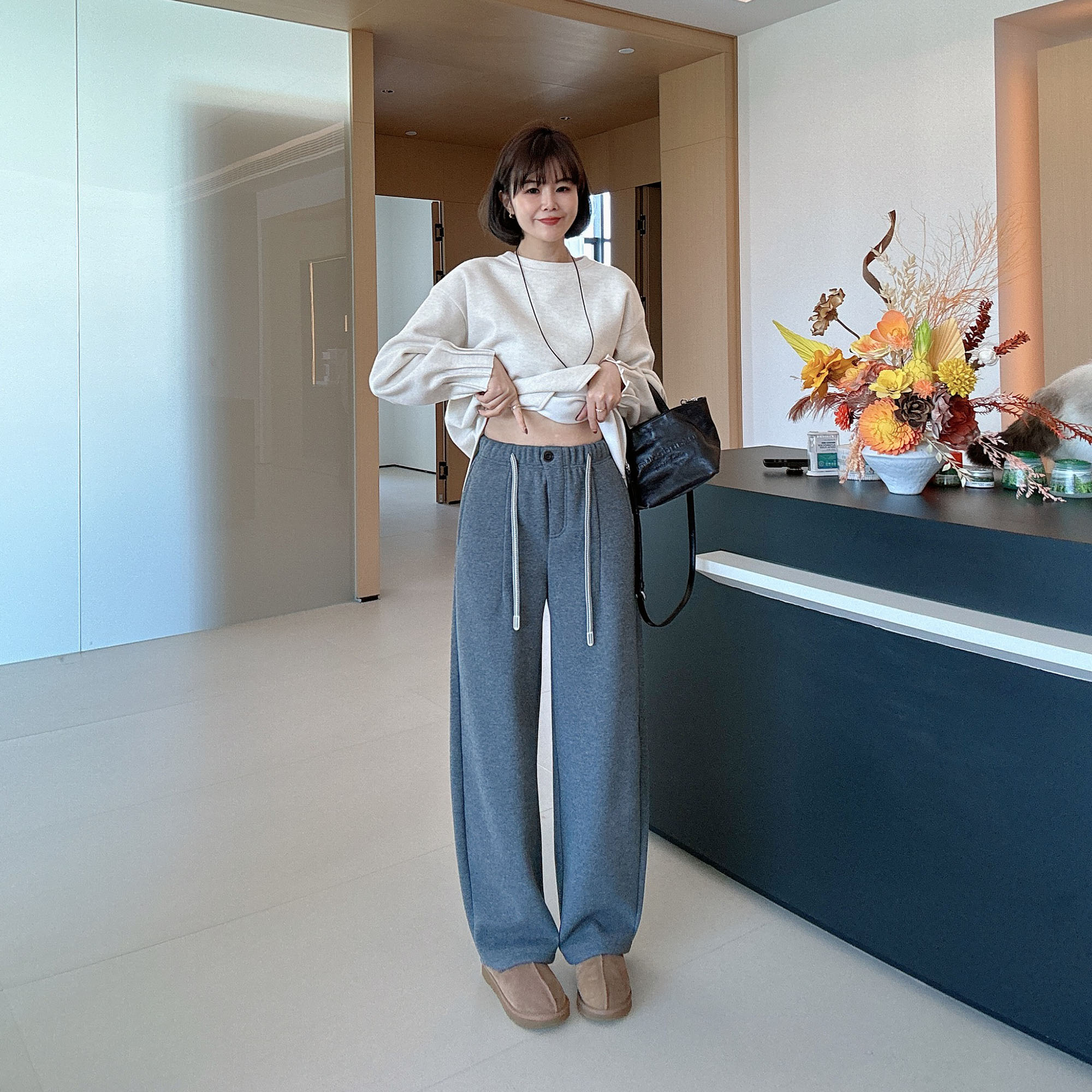 秋冬加绒加厚裤腿卫裤长裤设计感保暖休闲高腰裤