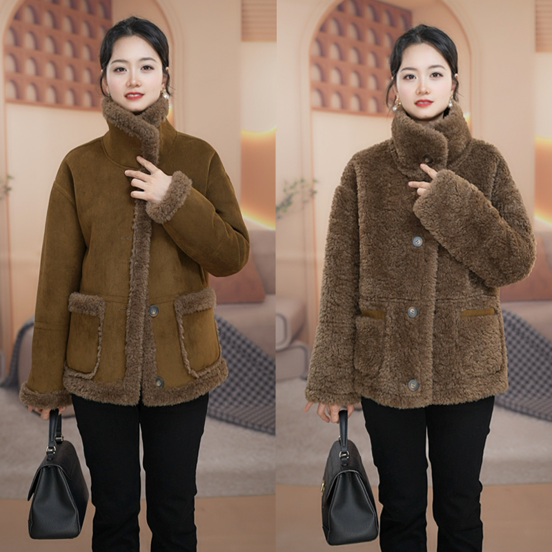 【双面双穿】海宁颗粒绒毛毛一体套女短款保暖时尚加厚冬季外套