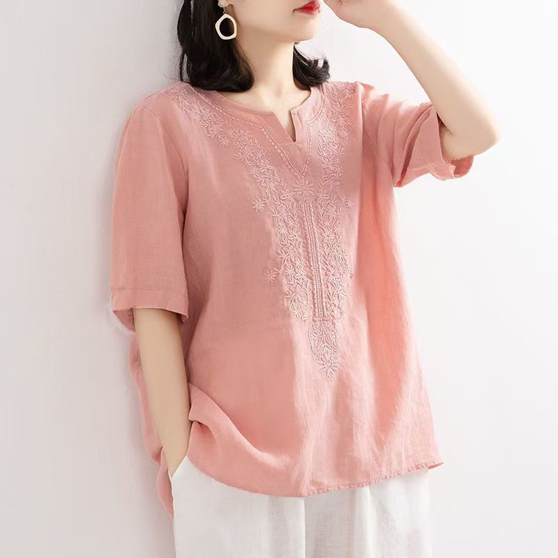 【清货+运费险】棉麻衬衫女文艺宽松套头刺绣t恤女绣花上衣潮XK28