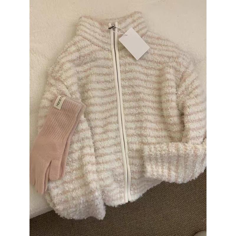 小慧 韩系INS风甜美条纹撞色圈圈拉链外套KI28