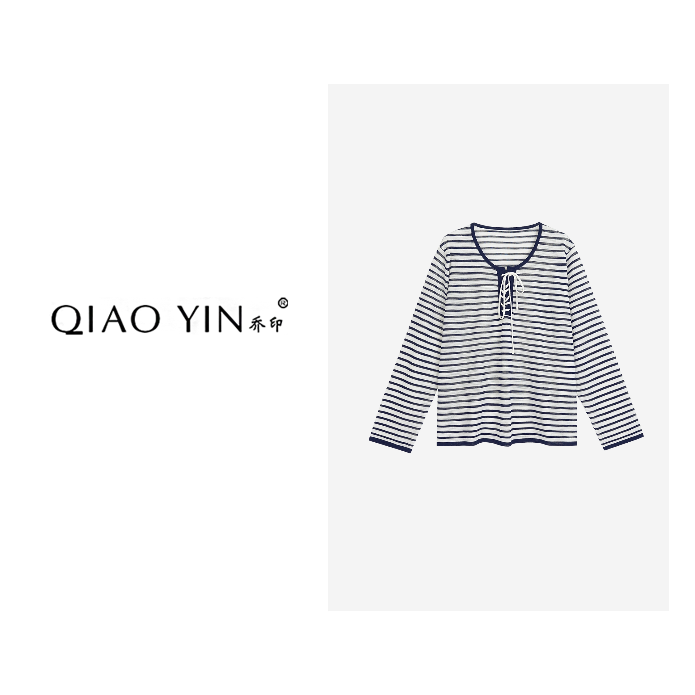 QIAO YIN"小衫“百搭条纹V领T恤长袖常规款时尚气质上衣QY28044