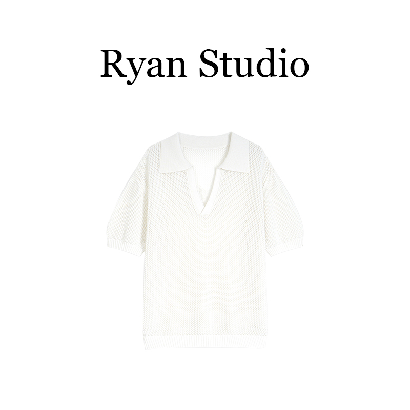Ryan石头-镂空针织上衣-GF2500320Z2慵懒宽松百搭polo短袖t恤