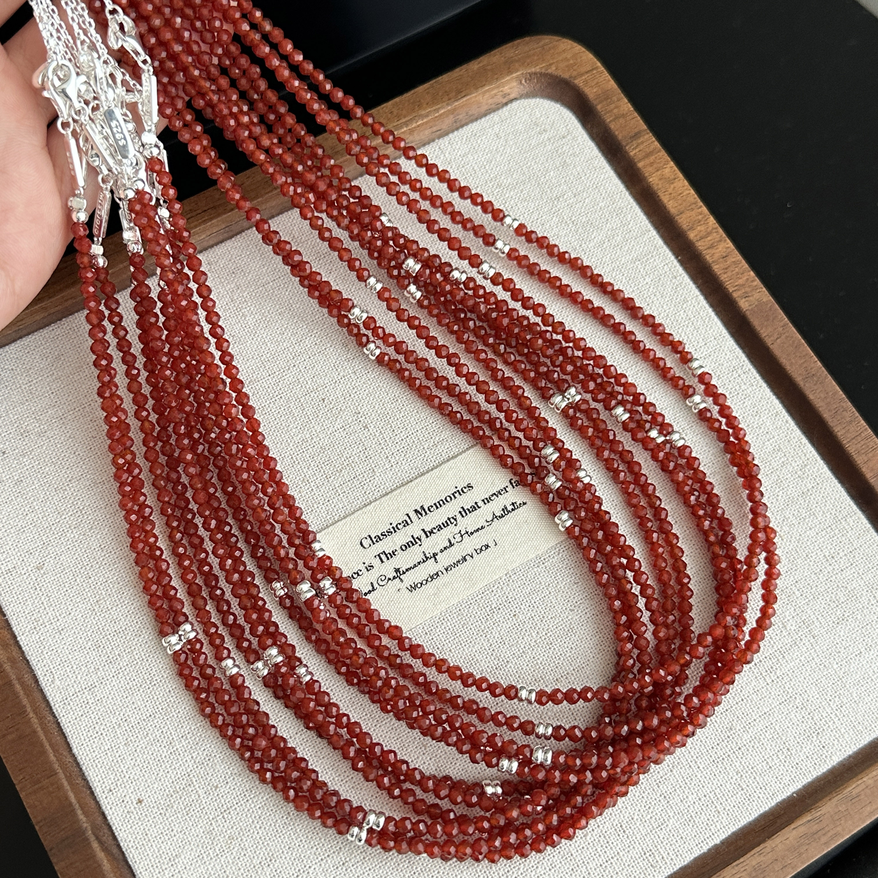 链子925银 原创设计时尚简约百搭气质女红色多棱珠盘缠项链 3880