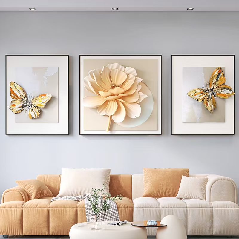 福雕家饰立体沙发背景墙三联装饰画奶油风壁画客厅挂画墙壁浮雕