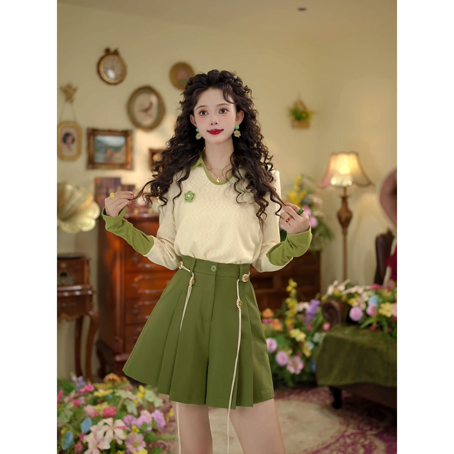 扣子家【香榭流光】港风复古秋季新款针织T恤撞色上衣KK0726235绿