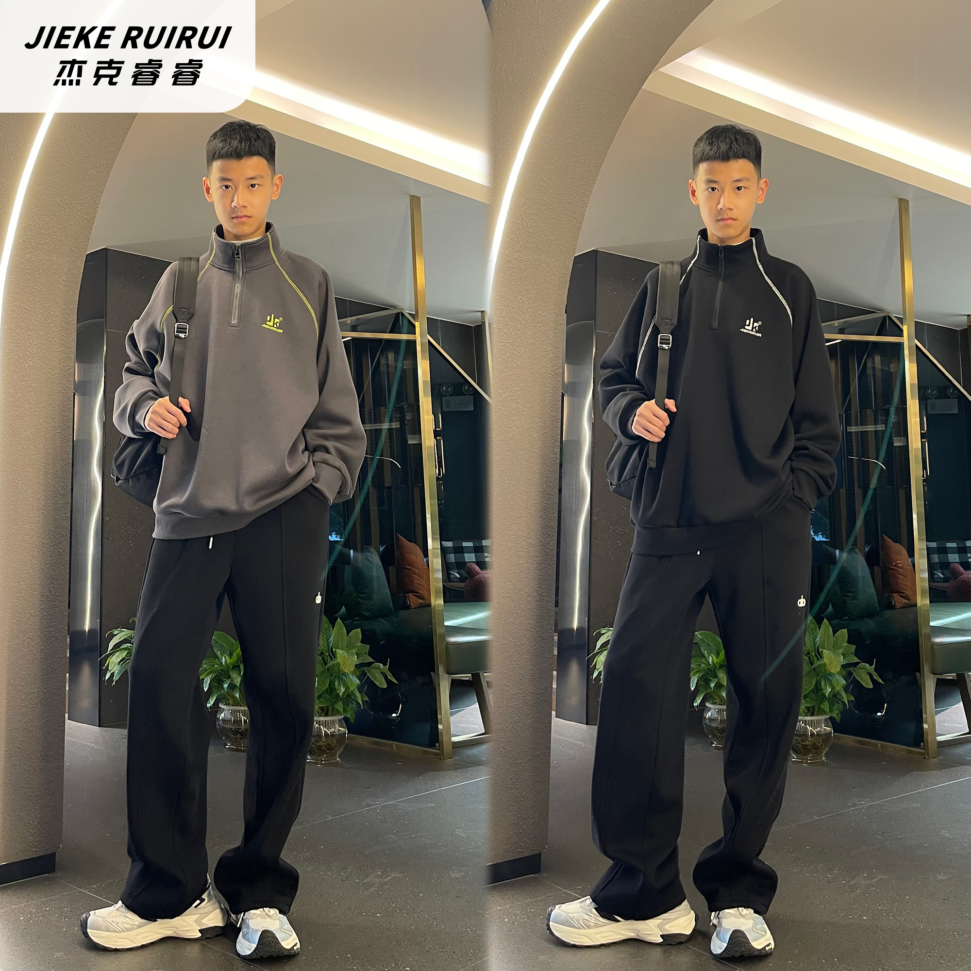 【现货-晴】秋冬立领撞色线条加绒卫衣中大童亲子加绒卫衣杰克睿睿