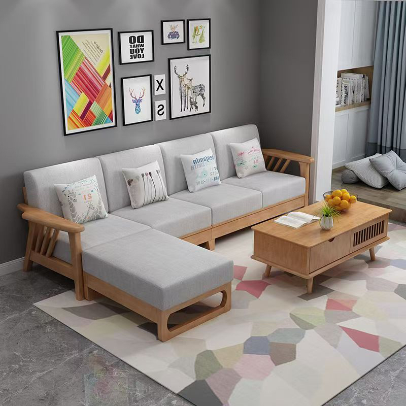 北欧简约现代小户型全实木布艺沙发组合