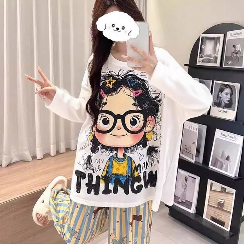 秋冬云朵棉带胸垫时尚长袖家居服套装秋冬长裤睡衣宽松可外穿