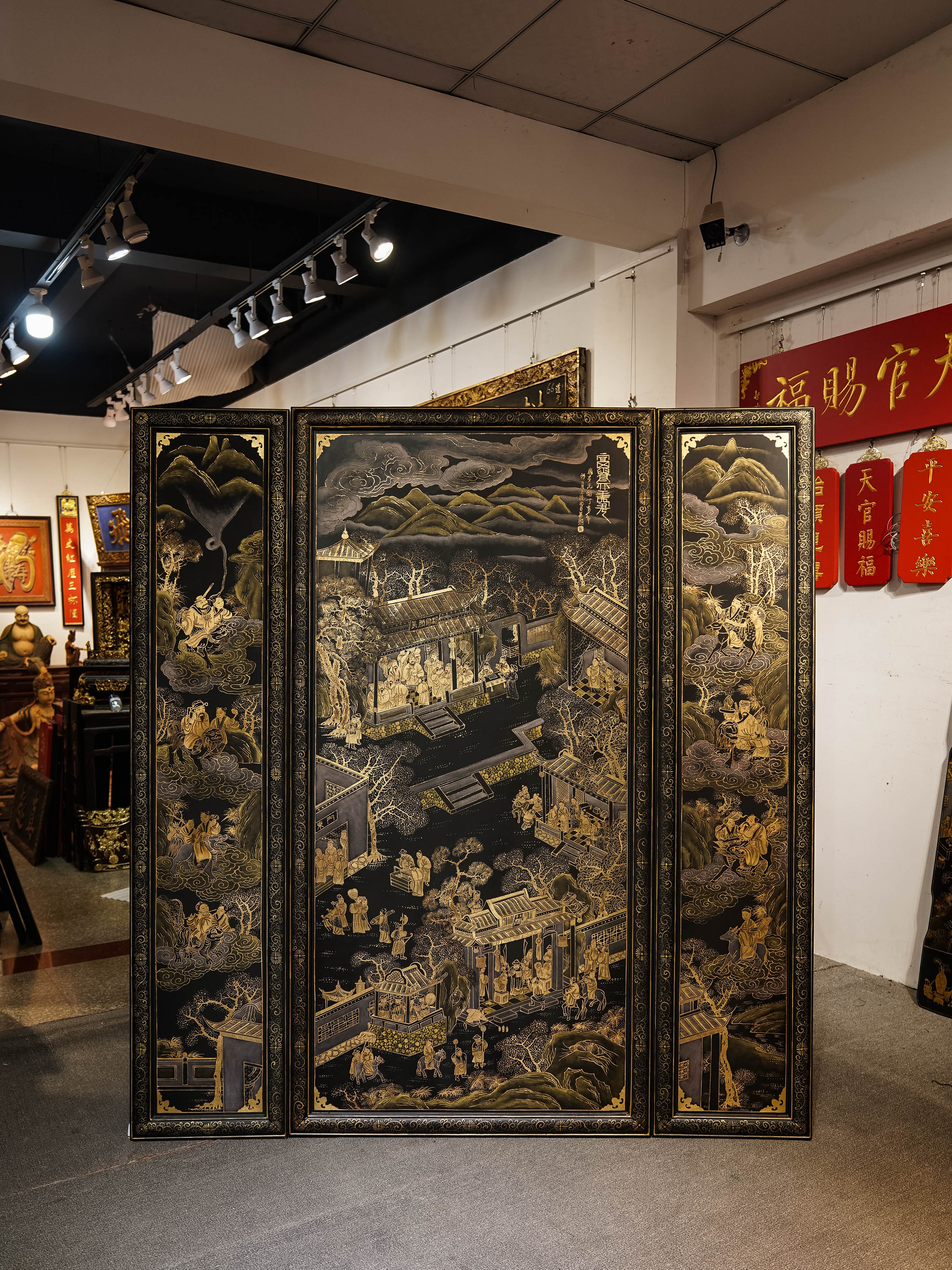 富贵亦寿考郭子仪拜寿图描金漆画中堂三件套 