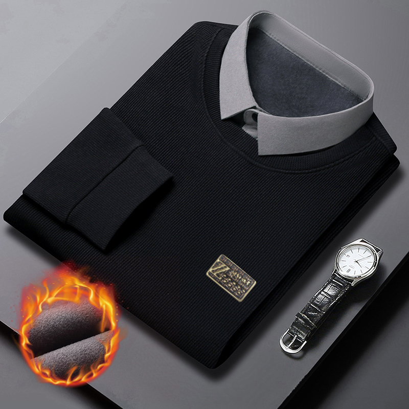 冬季新款男士加绒加厚保暖圆领针织衫毛衣男衬衫领假两件上衣男装