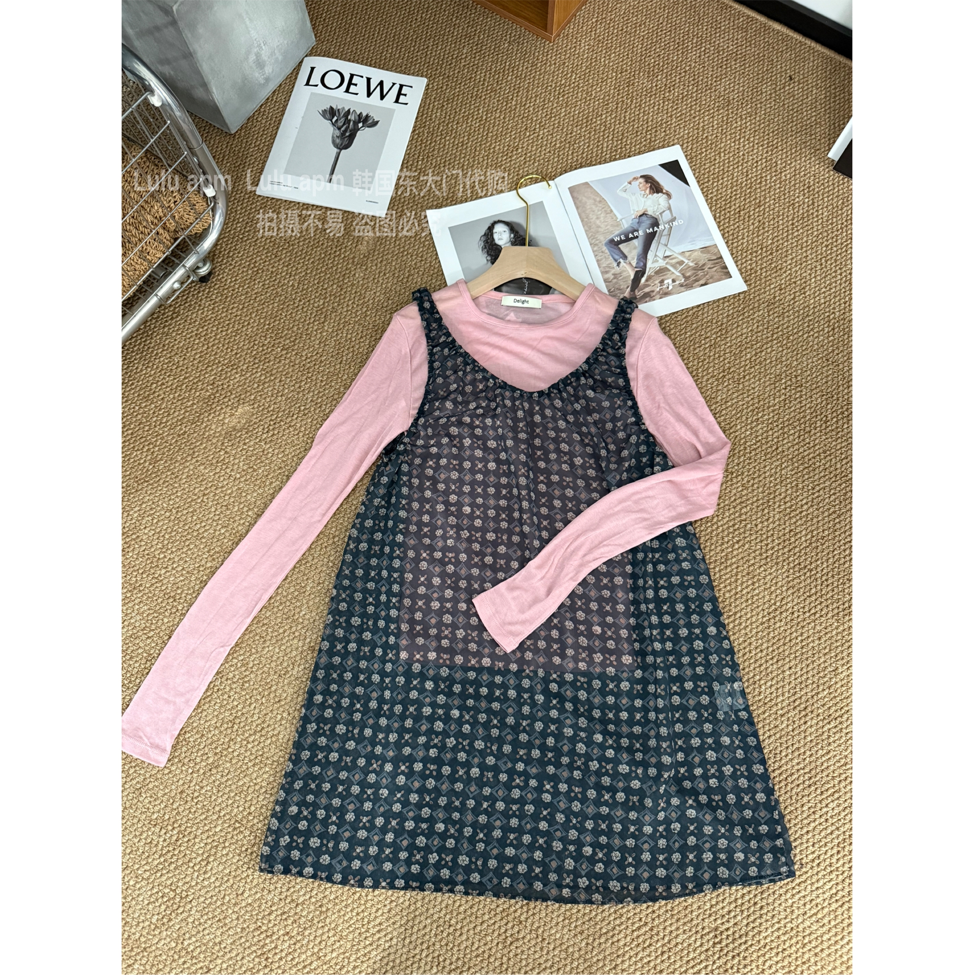 （甜蜜气泡水）韩国东大门圆领碎花薄款背心裙+粉色防晒套装C611