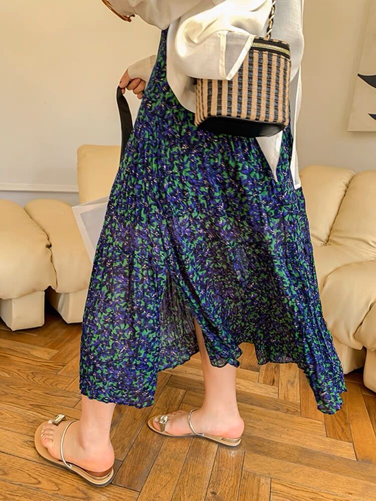 韩版百搭高腰薄款宽松印花半身裙碎花百褶中长款洋气褶皱长裙1626