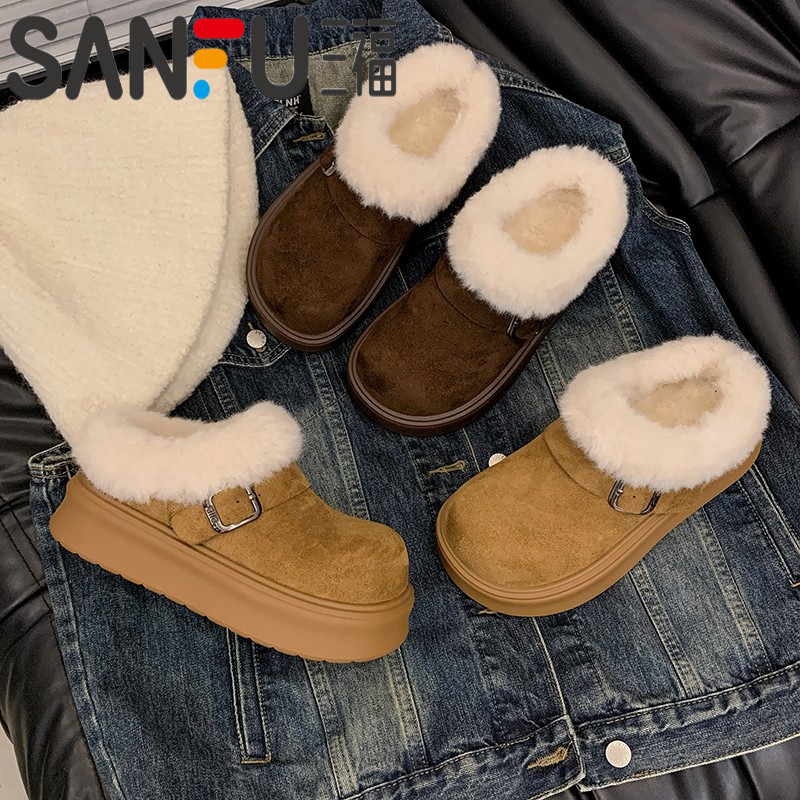 三福大头毛毛鞋女冬时尚加绒包头勃肯拖女款25爆款小个子增高棉鞋