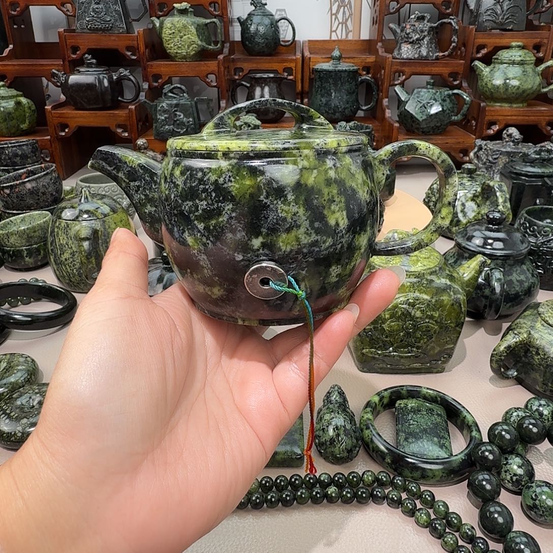 竹***阁蛇纹石玉未镶嵌藏玉药王石茶壶