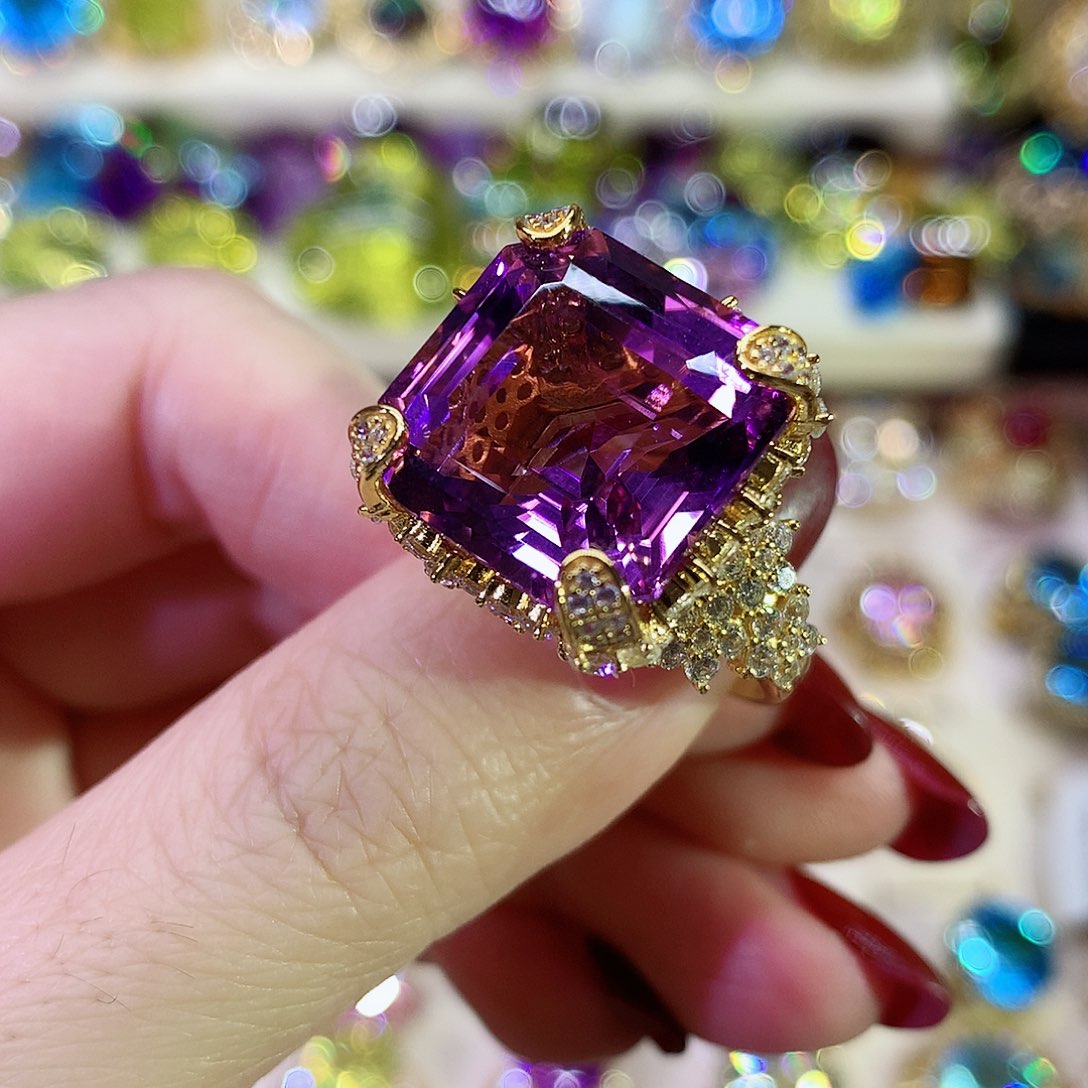 紫晶戒指银S925镀金镶嵌
