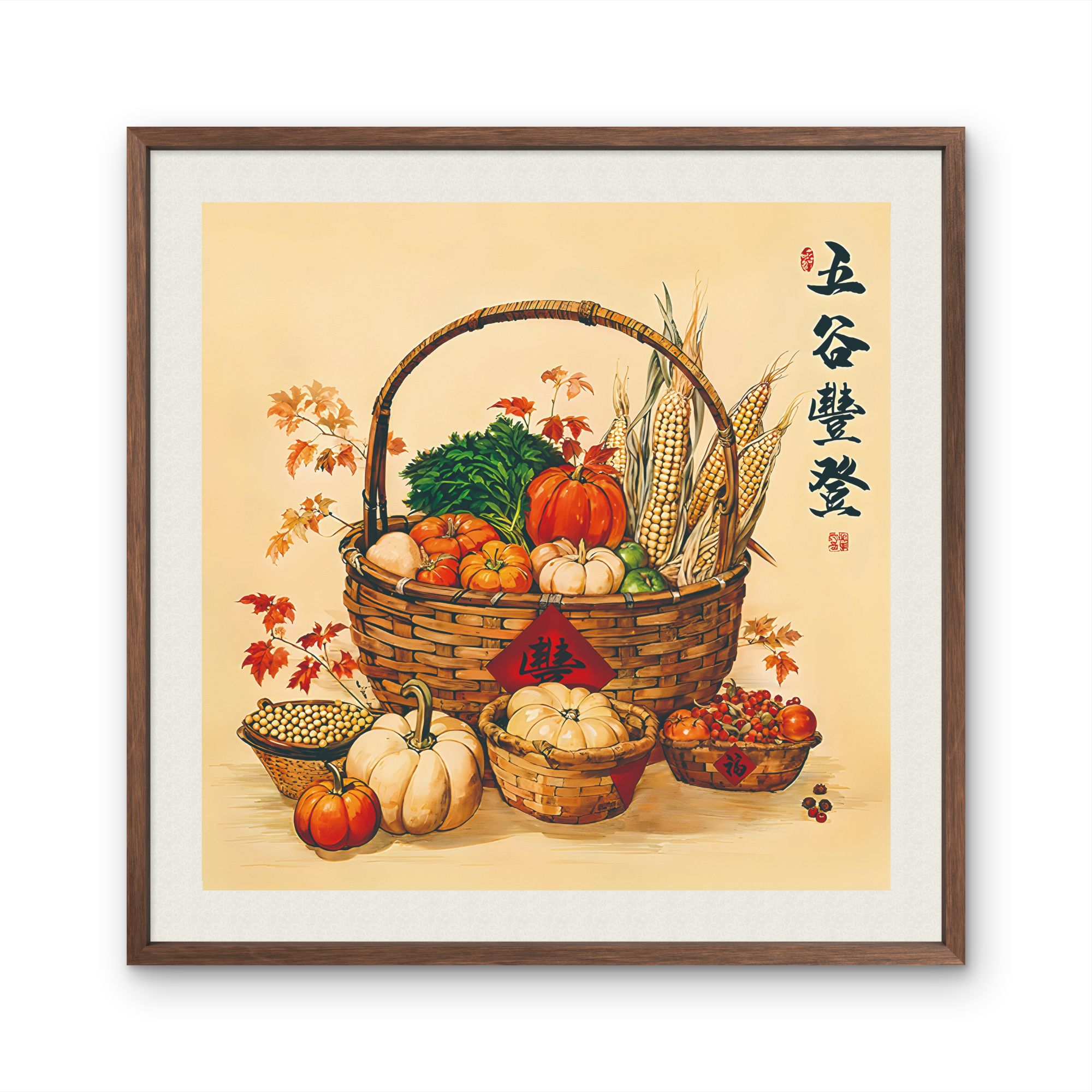 8799-50*50五谷丰登右字中式装饰画木框玄关书房茶室客厅挂画