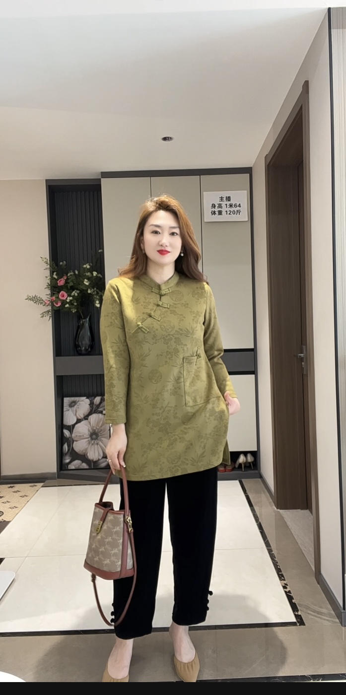 3111新款百搭复古盘扣花好月圆国风中长款打底衫