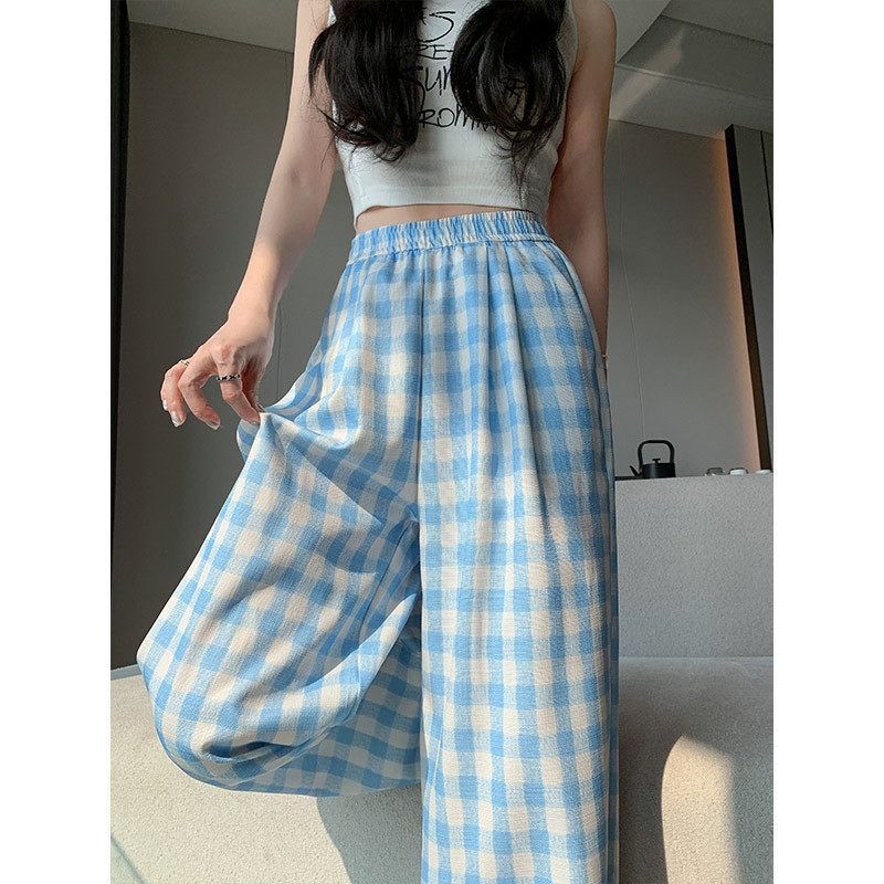 多巴胺蓝色格子裤子女春夏2025新款休闲宽松高腰直筒小个子阔腿