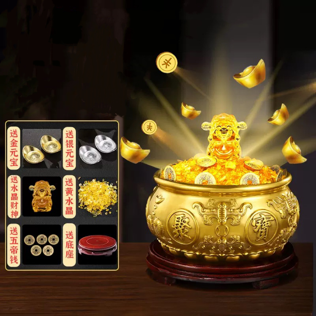 黄铜聚宝盆八福双鱼财富家居摆件饰品