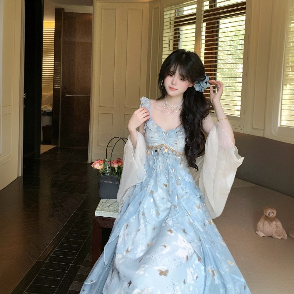 蝶舞星河 优雅少女感蝴蝶亮片吊带裙仙气荷叶边层次裙摆