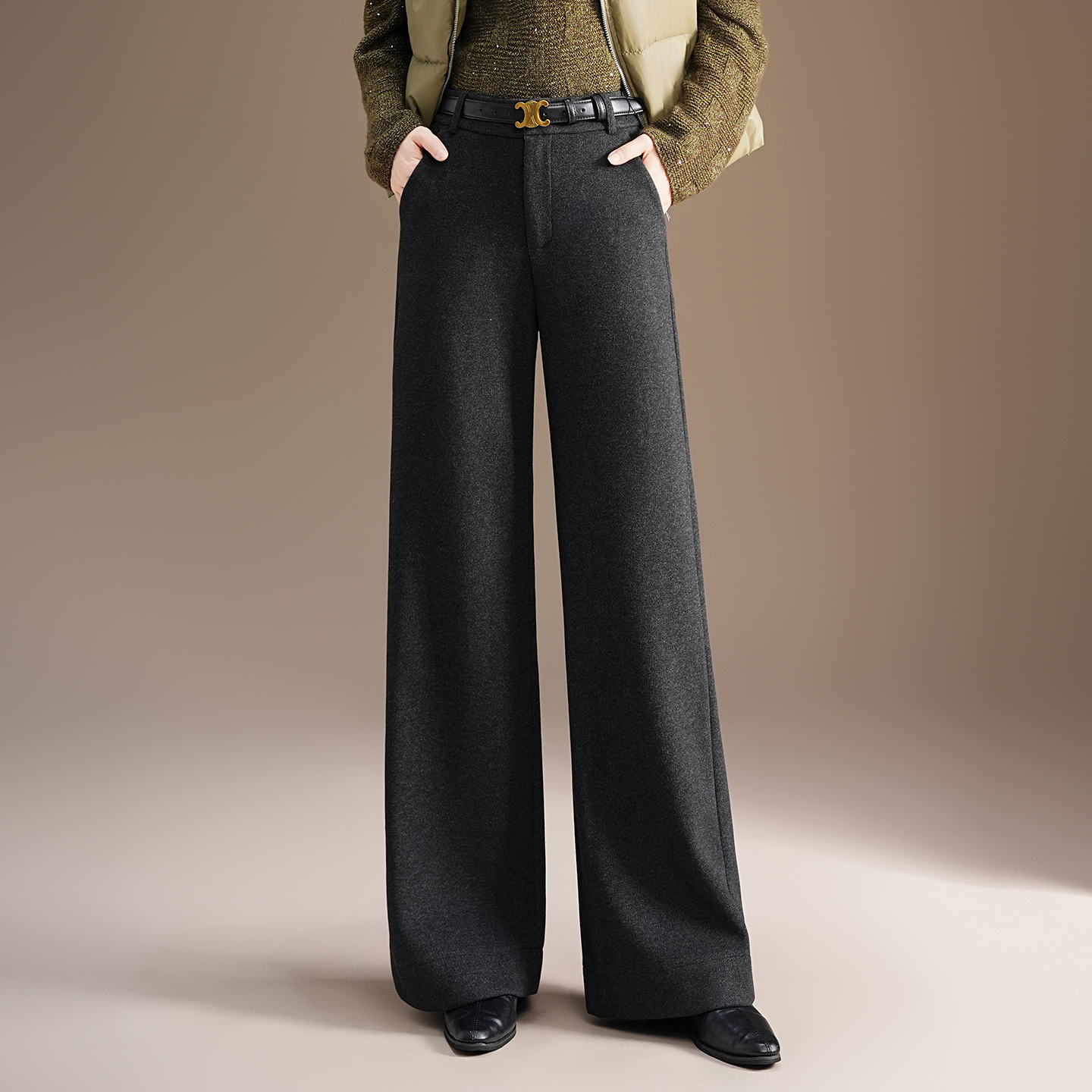 灰色羊毛呢阔腿裤女秋冬季加厚高腰宽松显瘦垂感直筒拖地裤子