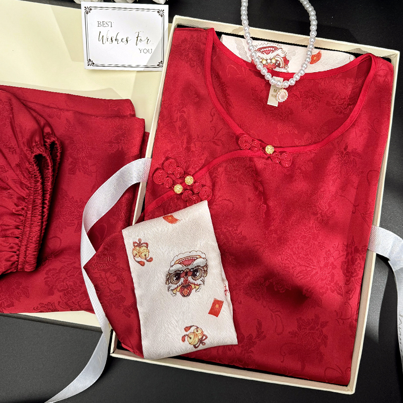 醒狮红色新中式国风睡衣春夏长袖女薄款提花冰丝复古家居服夏季