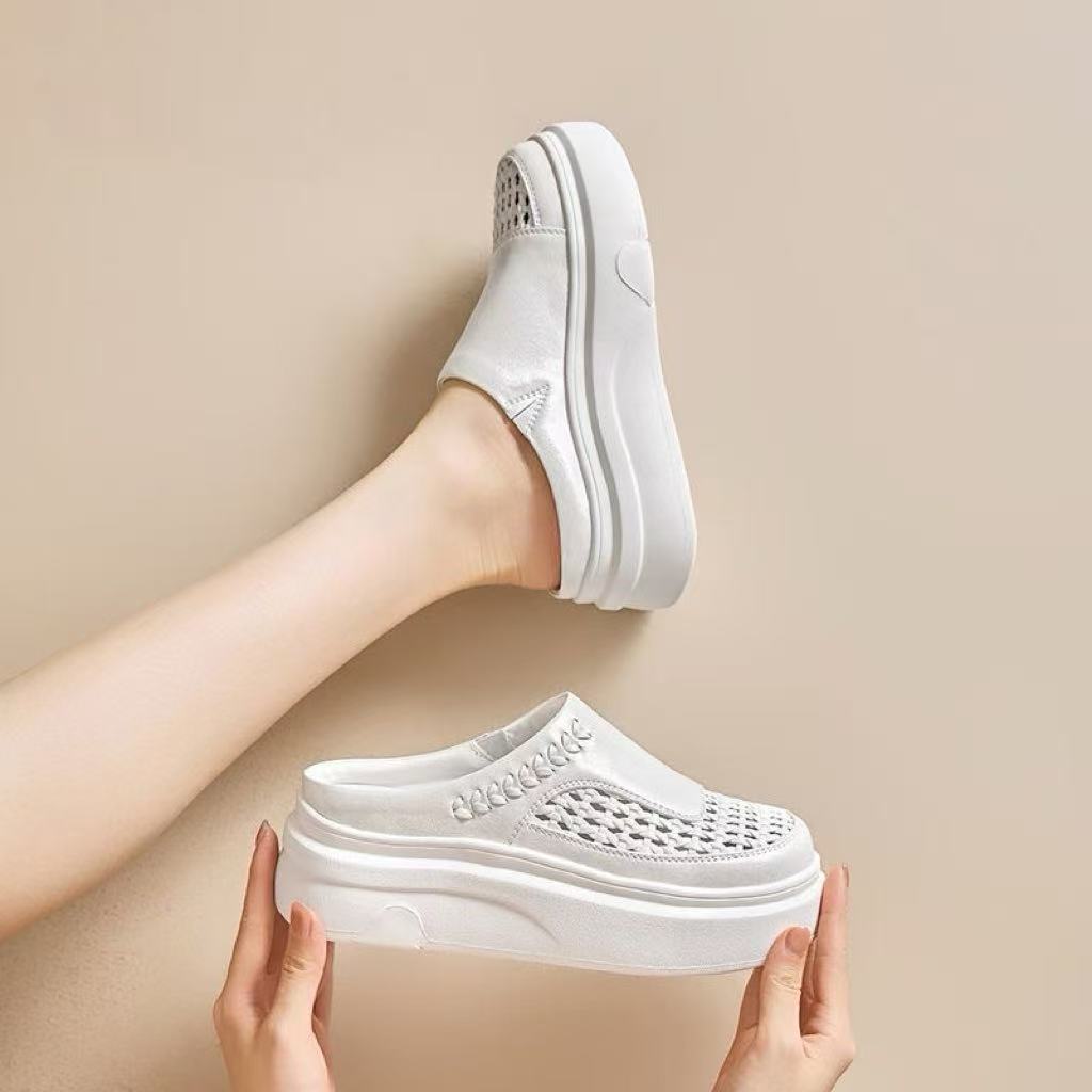 D镂空编织厚底包头半拖鞋女2025新款春夏一脚蹬增高透气休闲凉拖