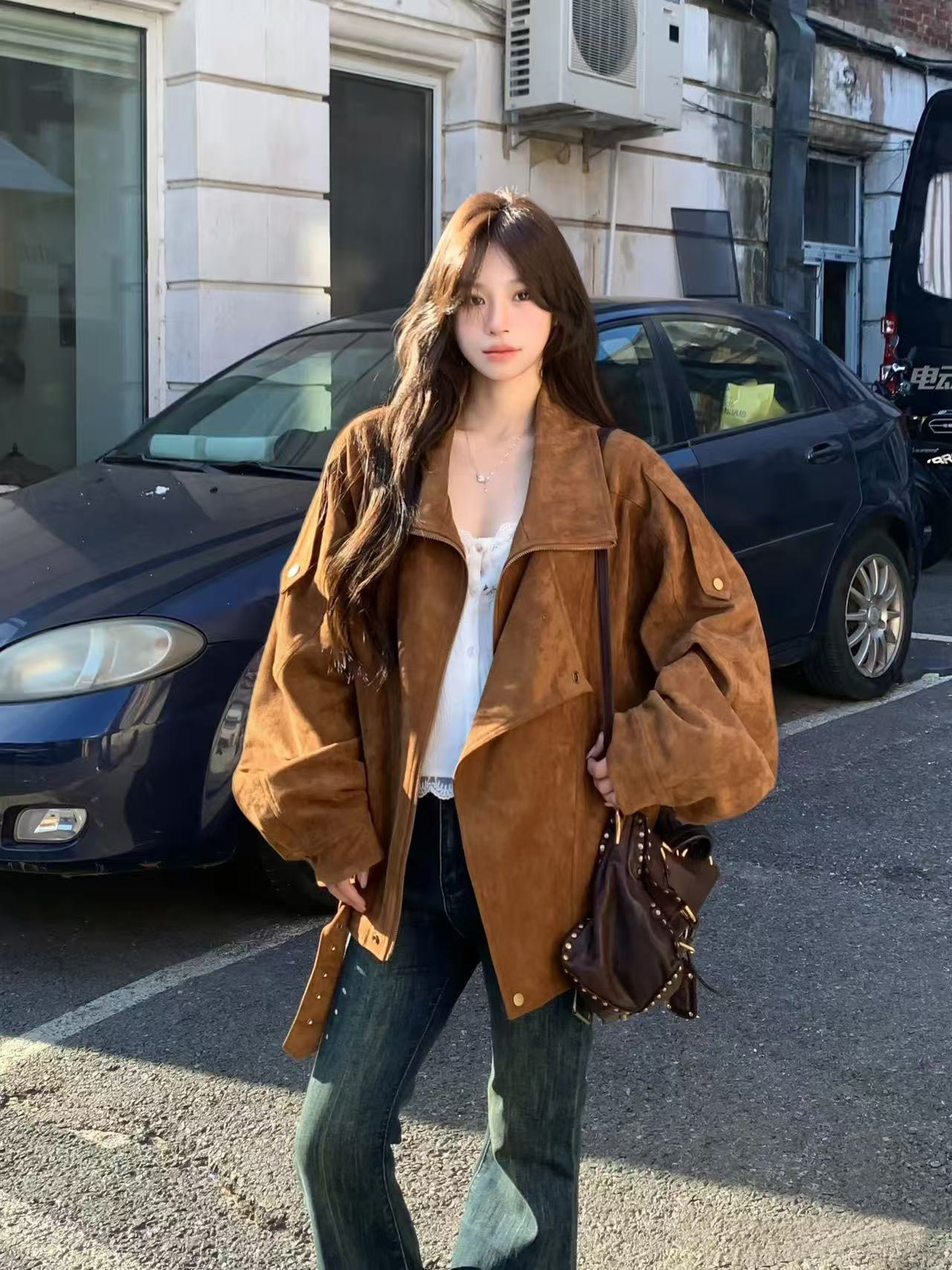 美拉德复古咖色麂皮机车服外套女2025秋季新款工装皮夹克上衣外套