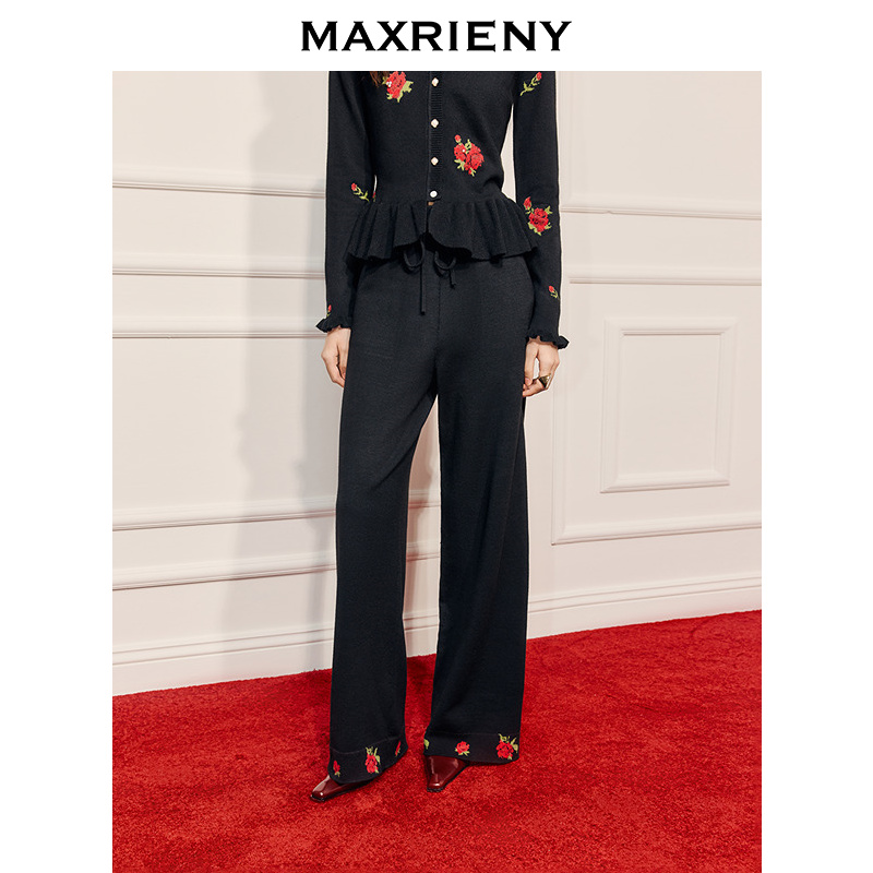 MAXRIENY玫瑰刺绣直筒长裤女25冬款宽松阔腿裤高质感通勤穿搭